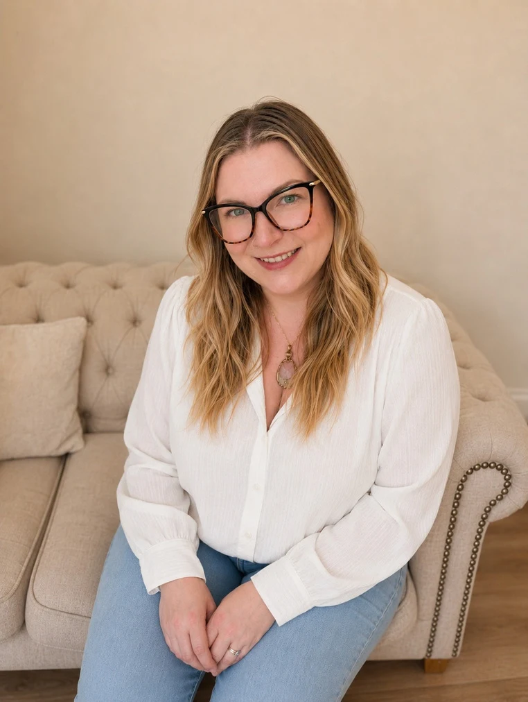 Kristyn smiling, seated on a sofa